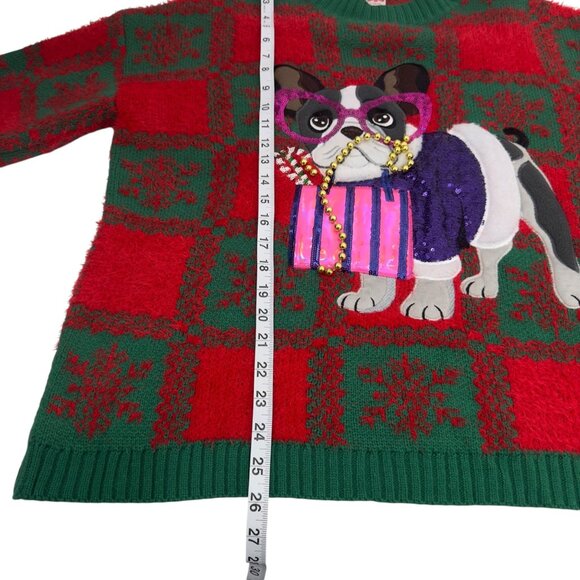 Holiday Time Ugly Christmas Sweater Bulldog Design SZ L Puff Sleeve Crew Neck - Picture 6 of 11